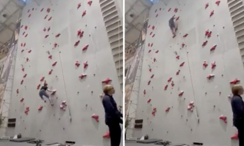 Klimmer vergeet het veiligheidstouw vast te maken en springt dan van de klimwand (video)