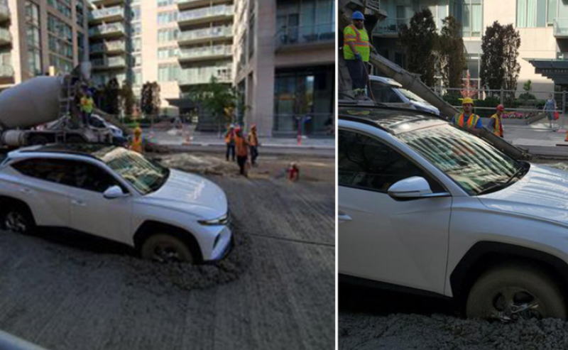 Vrouw rijdt haar auto recht in nat beton terwijl bouwvakkers geschokt toekijken (foto's)
