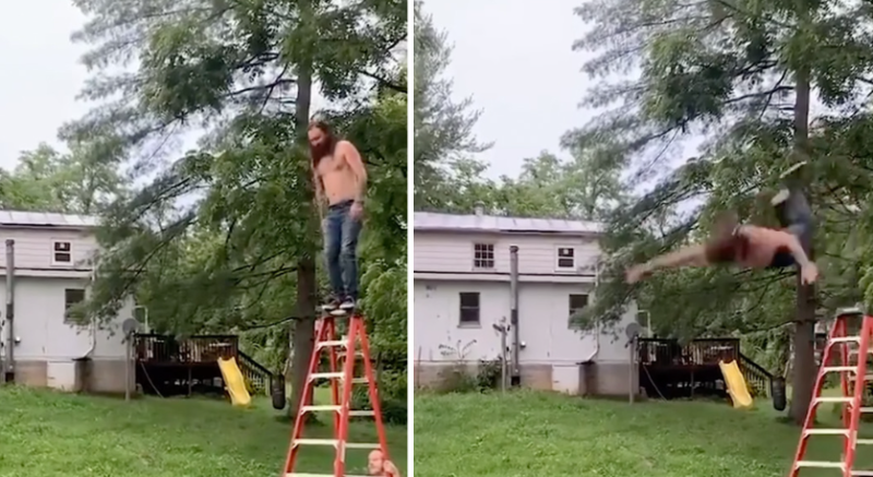 🎥 Kerel bouwt een trampoline van prikkeldraad en maakt een pijnlijke sprong