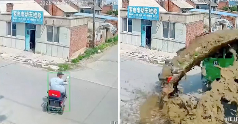 🎥 Bejaarde scooterrijder krijgt stortvloed aan mest over zich heen