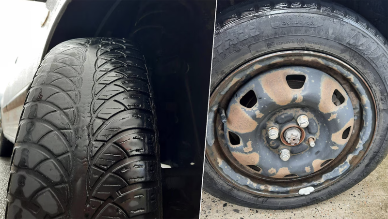 Onveilige auto met afgebroken wielbouten van de weg gehaald