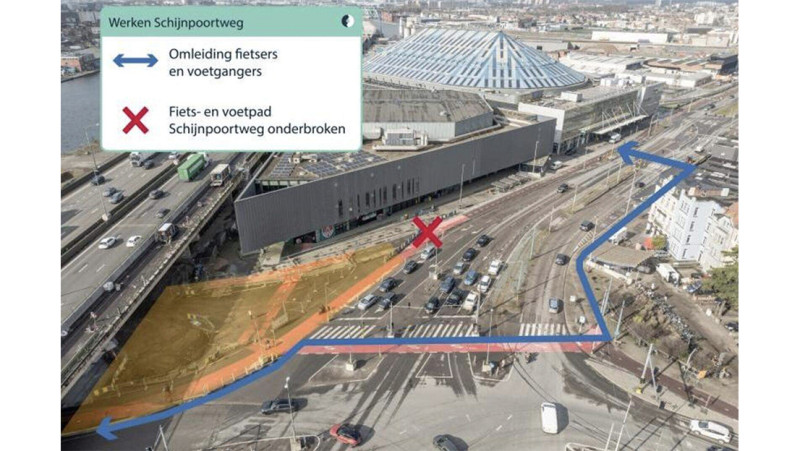 Onderbreking van fiets- en voetpad bij Schijnpoortweg door aanleg Bypass