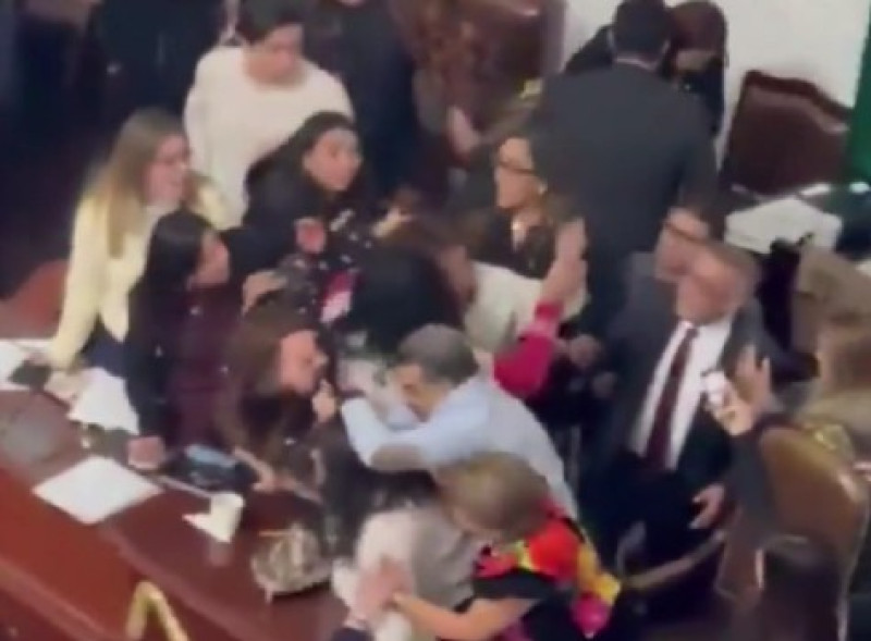 KIJK. Lachwekkende beelden tonen hoe Mexicaanse parlementsleden elkaar in de haren vliegen