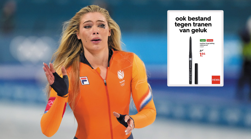 Hema pakt razendsnel uit met waterproof eyelinerreclame na olympische winst en zwarte tranen van Jutta Leerdam