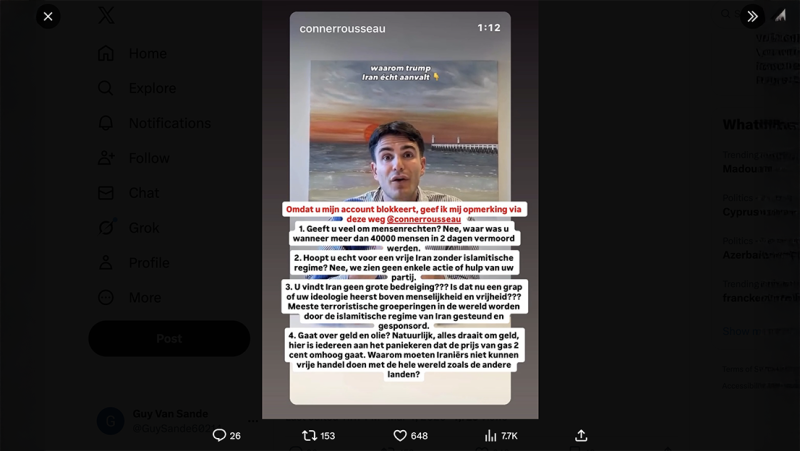 “Conner Rousseau blokkeert op Instagram vrijheidslievende Iraniërs die een kritische reactie schrijven”