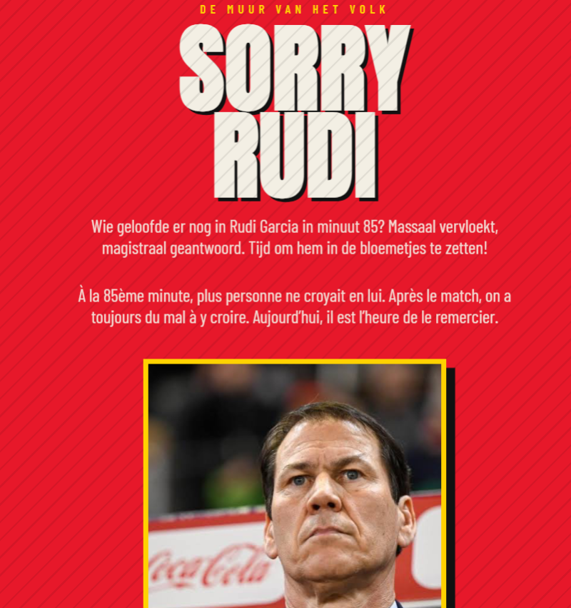 "Sorry Rudi": ruim 1000 Belgische supporters bieden hun excuses aan de bondscoach via ludieke website
