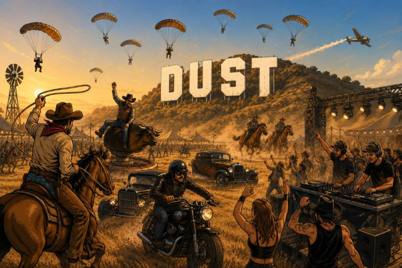 🎥 Dit weekend barst het beruchte 'Dust Festival' los: cowboys, motoren en parachutisten vallen Waals tarweveld binnen