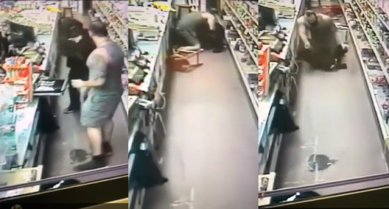Overvaller krijgt immens pak slaag van reusachtige winkeleigenaar (video)