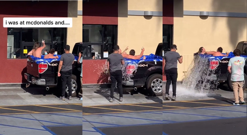 Bruusk remmen met zwemmende idioten in je pick-up is geen goed idee (video)