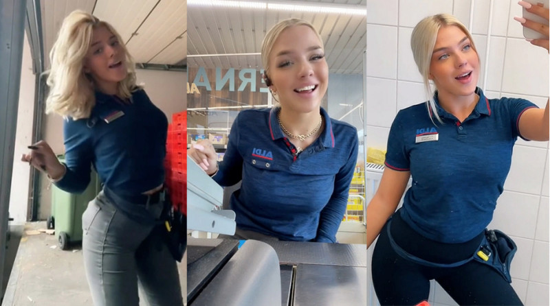Wat verbergt deze meid onder d'r Aldi-uniform?