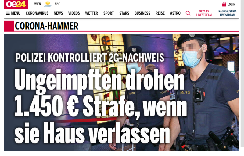 Coronamoker in Oostenrijk: boetes tot 1.450 euro voor niet-gevaccineerden