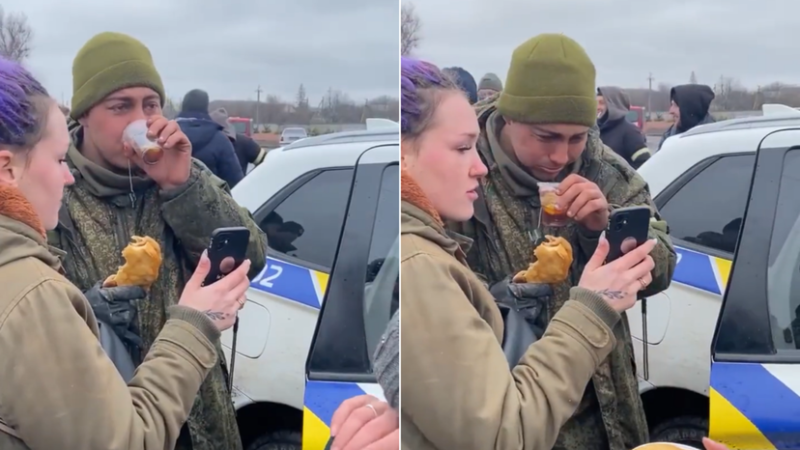 Jonge Russische soldaat geeft zich huilend over aan Oekraïners die hem helpen (video)