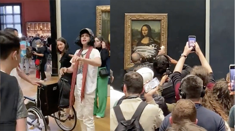 Man in rolstoel, verkleed als vrouw, valt de Mona Lisa aan (video)