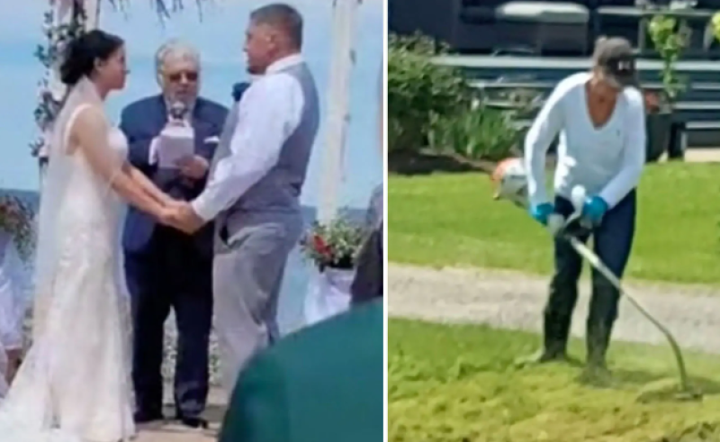 Buurvrouw uit hel verpest huwelijksceremonie met luidruchtige grastrimmer (video)
