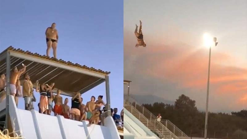 Lijvige man ziet ze vliegen na sprong vanop het dak van een glijbaan (video)
