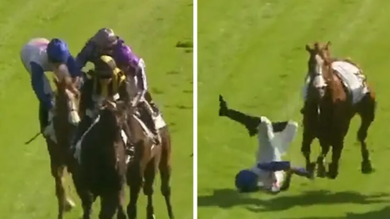 Jockey duwt rivaal van zijn paard tijdens race (video)