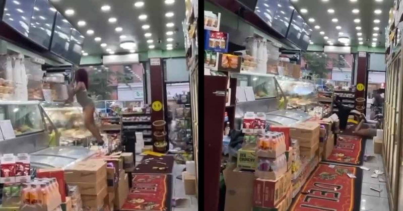 Winkelvernielende juffrouw krijgt portie karma tegen het hoofd (video)