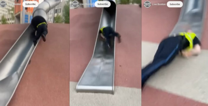 Politieagent geraakt gewond op kinderglijbaan (video)