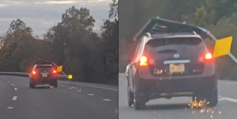 Nissan sleurt groot verkeersbord mee op de autostrade (video)